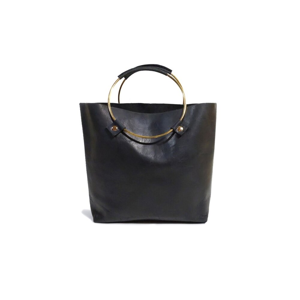 Tribe Alive Luxe Brass Handle Black Vintage Leather Hand Bag